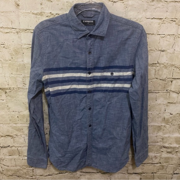 Express Blue Chambray Striped Cotton Long Sleeve Button Up Shirt - Picture 1 of 6